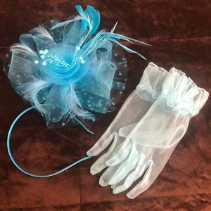 Turquoise blue fascinator with below elbow, slightly lighter blue gloves